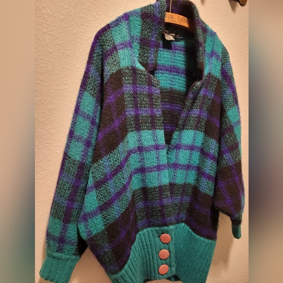 I.B. DIFFUSION 80s Mohair Wool Plaid Sweater - Green and Purple L Rare - Picture 14 of 15